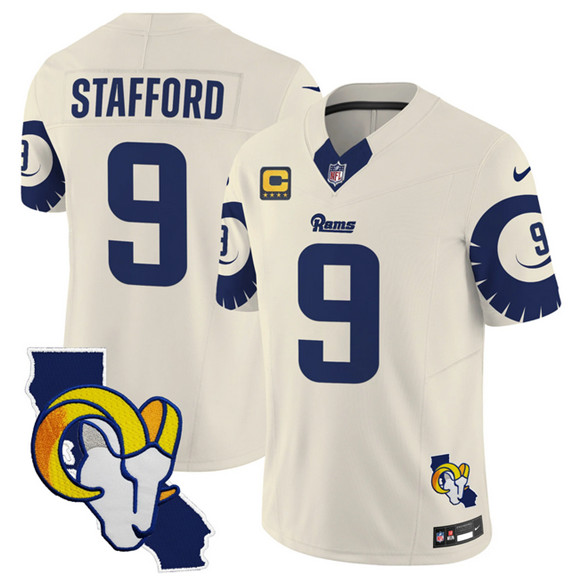 Men's Los Angeles Rams #9 Matthew Stafford Bone 2025 4-Star C Patch F.U.S.E. V2 Limited Stitched Football Jersey Men's Los Angeles Rams #9 Matthew Stafford Bone 2025 4-Star C Patch F.U.S.E. V2 Limited Stitched Football Jersey